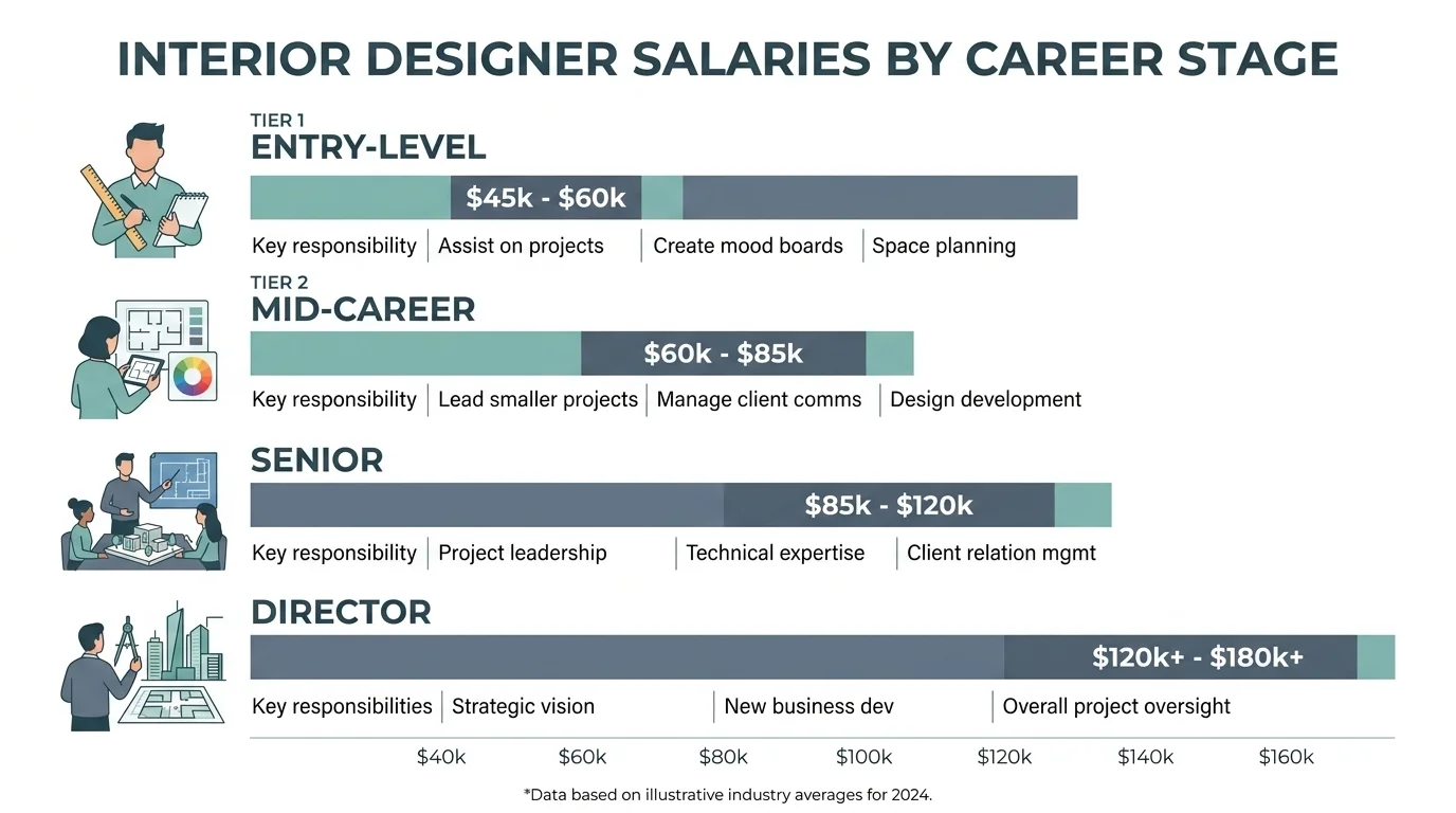 Interior designer salary by experience level showing entry level to director pay ranges in 2026