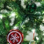 Christmas tree decorated with colourful ornaments and warm fairy lights