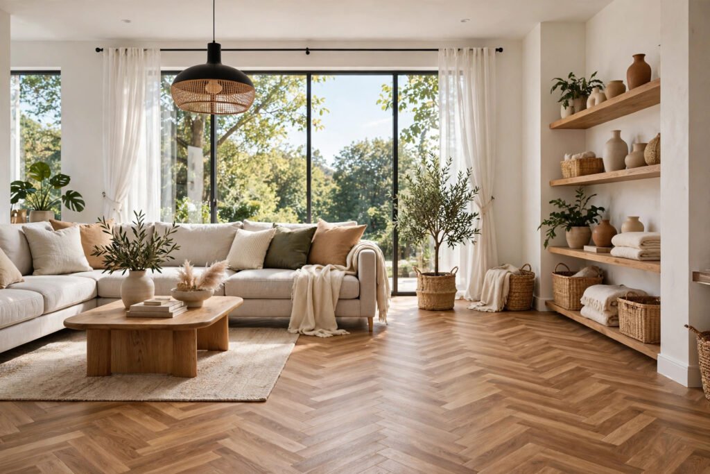 A bright living room with herringbone laminate flooring in a warm oak finish, laid in a classic zigzag pattern.