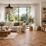 A bright living room with herringbone laminate flooring in a warm oak finish, laid in a classic zigzag pattern.