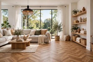 A bright living room with herringbone laminate flooring in a warm oak finish, laid in a classic zigzag pattern.