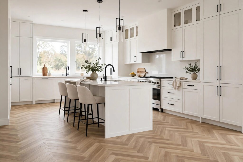 A modern kitchen with herringbone vinyl flooring in a light oak finish, laid in a zigzag pattern beside white cabinets.