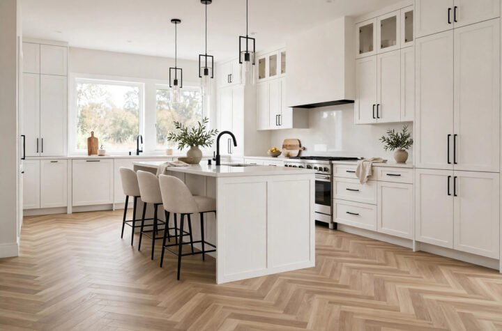 A modern kitchen with herringbone vinyl flooring in a light oak finish, laid in a zigzag pattern beside white cabinets.