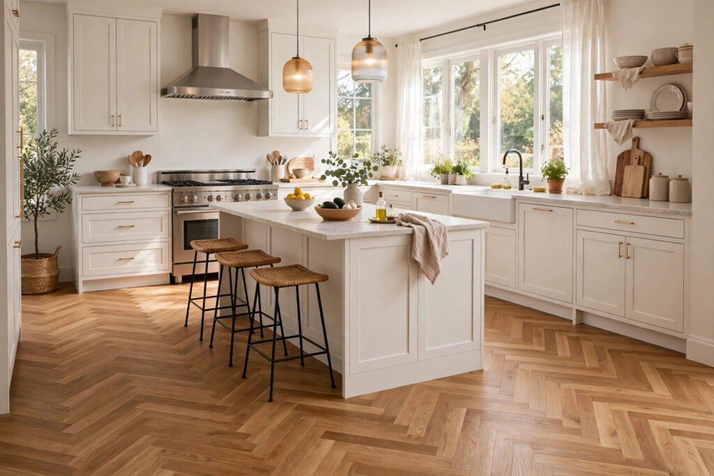 A bright kitchen with glue-down LVT herringbone flooring in a warm oak finish, laid in a classic zigzag pattern.