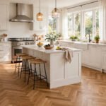 A bright kitchen with glue-down LVT herringbone flooring in a warm oak finish, laid in a classic zigzag pattern.