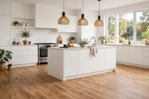 A bright modern kitchen with waterproof laminate flooring in a natural oak finish beside white cabinets.