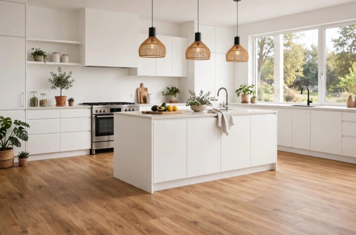 A bright modern kitchen with waterproof laminate flooring in a natural oak finish beside white cabinets.